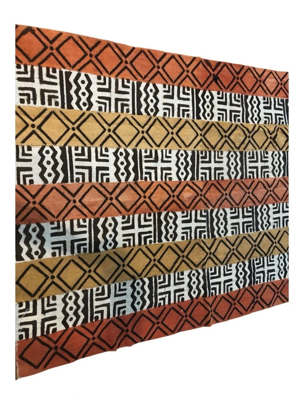VTG WEST AFRICAN COTTON TRIBAL PRINT RUST MUSTARD BLACK CREAM MUD CLOTH 55”x78”
